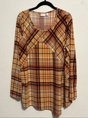 Kim Rogers Mustard Plaid Long-Sleeve Scoop Neck Top